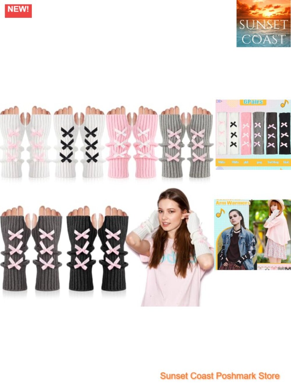 6 Pairs Fingerless Gloves Arm Warmers Knit Stretchy Acrylic